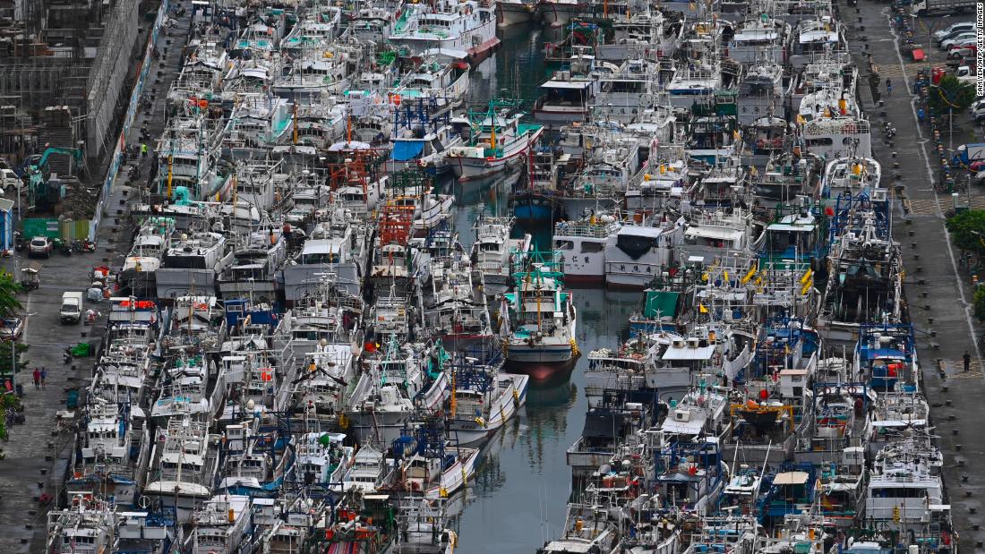 Fishing boats packed into the typhoon shelter in Nanfangao Harbour in Suao, Yilan county, Taiwan, as Typhoon Lekima approaches on August 8, 2019. 