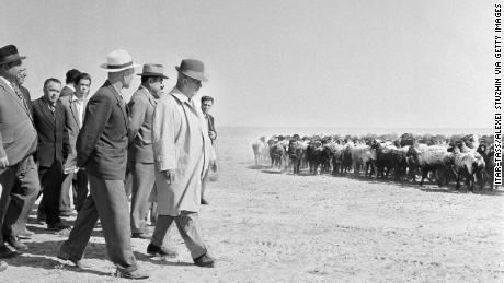 The first secretary of the Communist Party of the Soviet Union, Nikita Khrushchev, visits collective farms at the Gyaur Valley when Turkmenistan was still part of the USSR.