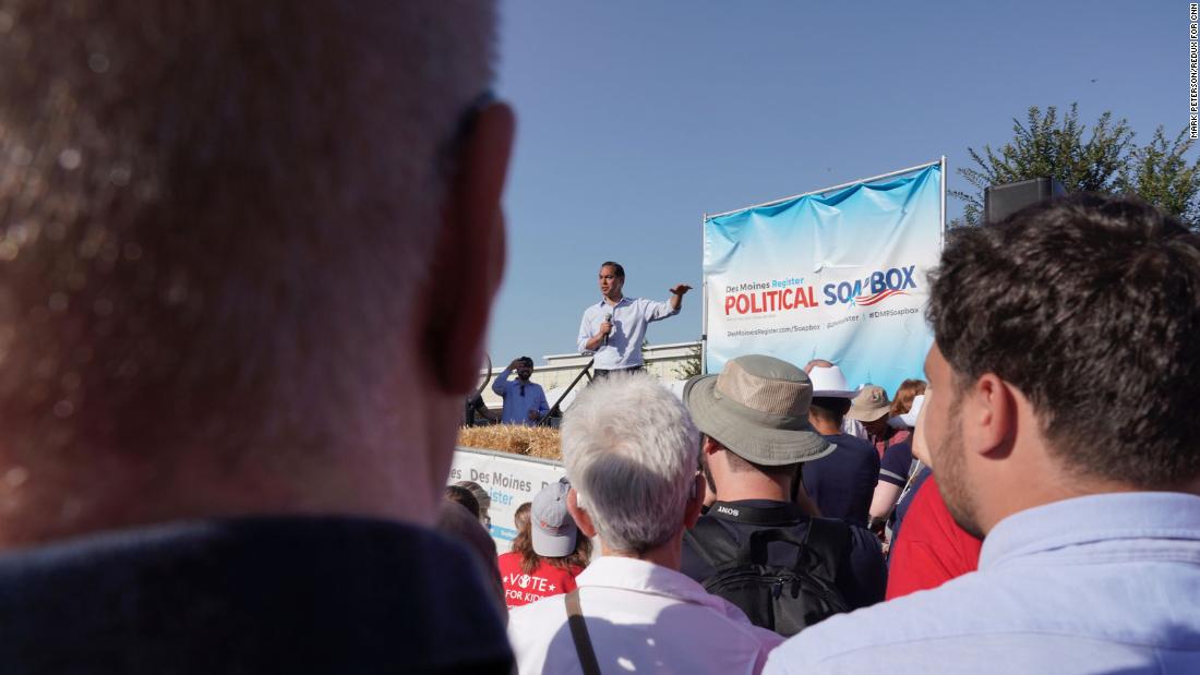 Castro speaks to potential voters at the Iowa State Fair in August 2019.