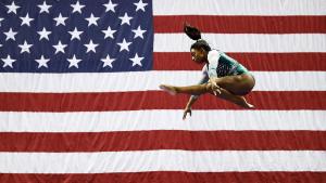 KANSAS CITY, MISSOURI - AUGUST 09:   Simone Biles competes on the balance beam during the Senior Women's competition of the 2019 U.S. Gymnastics Championships at the Sprint Center on August 09, 2019 in Kansas City, Missouri. (Photo by Jamie Squire/Getty Images) *** BESTPIX ***