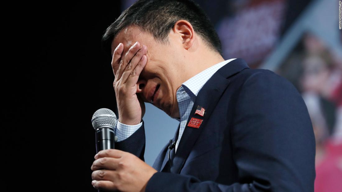 Yang &lt;a href=&quot;http://www.cnn.com/2019/08/10/politics/andrew-yang-gun-violence/index.html&quot; target=&quot;_blank&quot;&gt;breaks down in tears&lt;/a&gt; at a forum about gun safety in August 2019. He became emotional when discussing gun violence prevention with a woman who said she lost her daughter to a stray bullet.