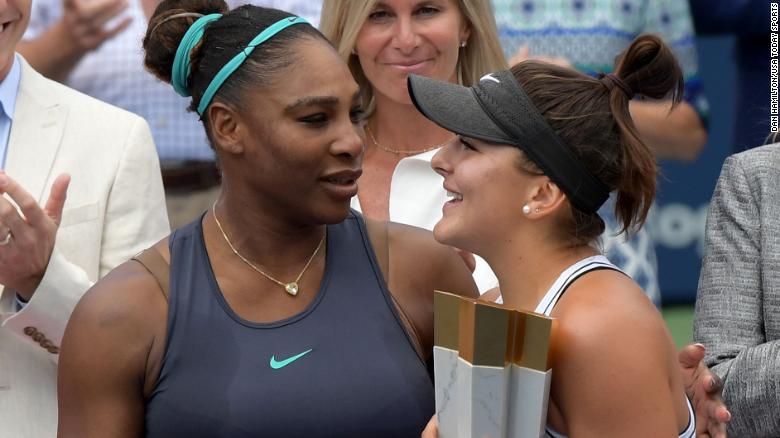 Serena Williams congratulates Bianca Andreescu on winning the women&#39;s final of the Rogers Cup tennis tournament in Toronto, Canada, on August 11.