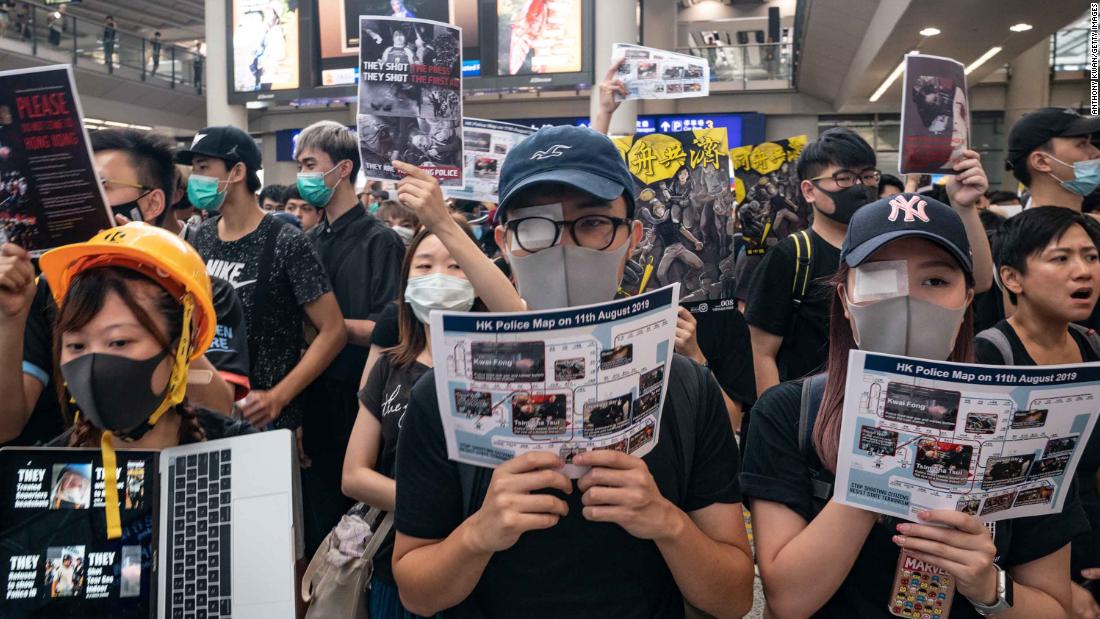 Protesters occupy the arrival hall of the Hong Kong International Airport during a demonstration on August 12, 2019 in Hong Kong.