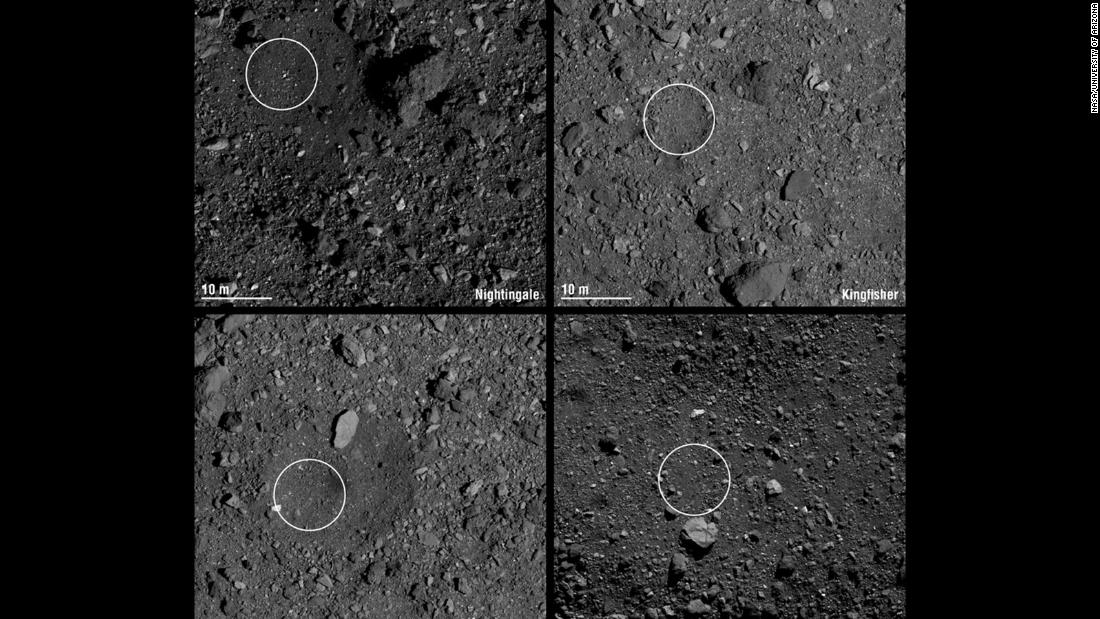 Pictured are the four candidate sample collection sites on asteroid Bennu selected by NASA&#39;s OSIRIS-REx mission. Site Nightingale (top left) is located in Bennu&#39;s northern hemisphere. Sites Kingfisher (top right) and Osprey (bottom left) are located in Bennu&#39;s equatorial region. Site Sandpiper (bottom right) is located in Bennu&#39;s southern hemisphere. Nightingale was ultimately chosen, and the others serve as backup sites.