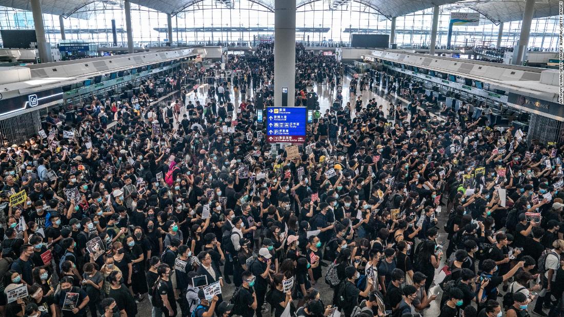 Protesters occupy the departure hall of the Hong Kong International Airport during a demonstration on August 12, 2019.