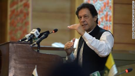 Pakistan&#39;s Prime Minister Imran Khan addresses the legislative assembly in Muzaffarabad, the capital of Pakistan-controlled Kashmir.