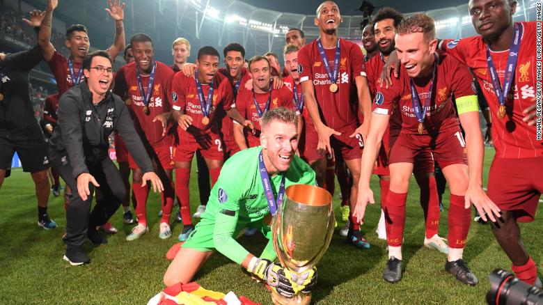 Adrian celebrating with the trophy shorlty after Liverpool won the UEFA Super Cup.