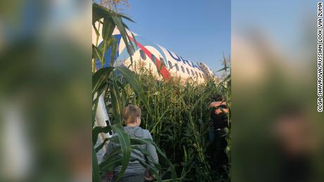 The Airbus A321 Ural Airlines plane of the Ural Airlines is seen after making an emergency landing in a field near Zhukovsky International Airport on Thursday. 