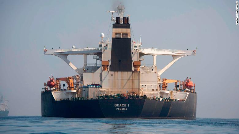 A stern view of the Grace 1 super tanker in the British territory of Gibraltar on Thursday.