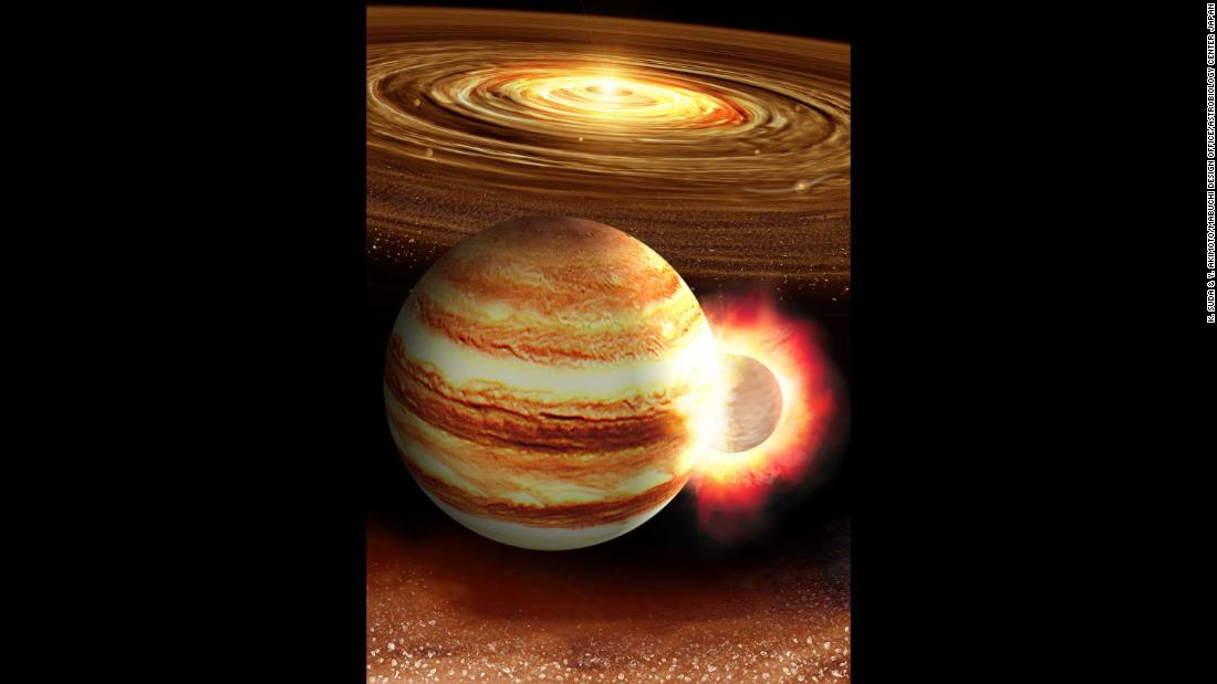 An artist&#39;s impression of a collision between a young Jupiter and a massive, still-forming protoplanet in the early solar system.