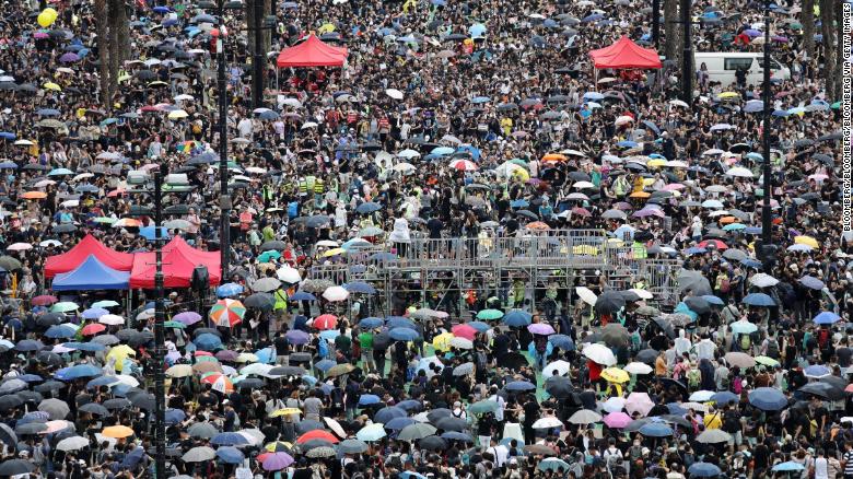 Demonstrators gather at Victoria Park during a protest in the Causeway Bay district of Hong Kong, China, on Sunday, Aug. 18, 2019. 