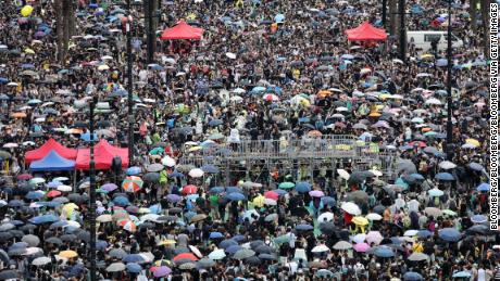 Demonstrators gather at Victoria Park during a protest in the Causeway Bay district of Hong Kong, China, on Sunday, Aug. 18, 2019. 