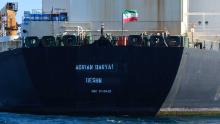 An Iranian flag flutters on board the Adrian Darya oil tanker, formerly known as Grace 1, off the coast of Gibraltar on August 18, 2019. - Gibraltar rejected a US demand to seize the Iranian oil tanker at the centre of a diplomatic dispute as it prepared to leave the British overseas territory after weeks of detention. (Photo by Johnny BUGEJA / AFP)        (Photo credit should read JOHNNY BUGEJA/AFP/Getty Images)