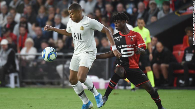 Eduardo Camavinga vies for the ball with Kylian Mbappe during Rennes&#39; surprise victory.