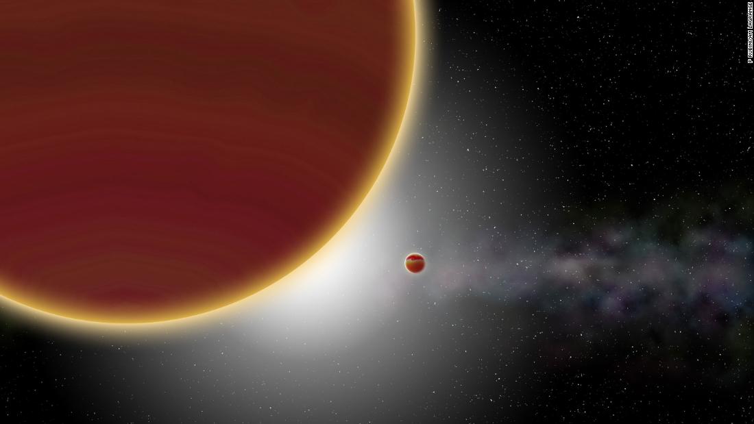 At least two giant planets, aged 20 million years at most, orbit the Beta Pictoris star. A disk of dust and gas surrounding the star can be seen in the background.