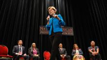 Democratic presidential candidate Sen. Elizabeth Warren (D-MA) speaks at the Frank LaMere Native American Presidential Forum on August 19, 2019 in Sioux City, Iowa. Warren was introduced by Rep. Deb Haaland (D-NM) who she has co-sponsored legislation with to help the Native American community.
