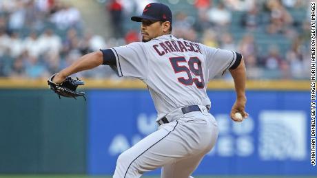 Carrasco pitches a ball against the Chicago White Sox.