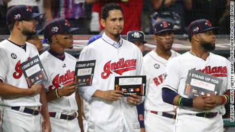 Carrasco participates in the Stand Up To Cancer during the 2019 MLB All-Star Game.