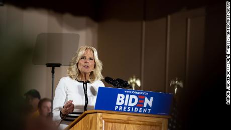 In this April 2019 file photo, Jill Biden is seen speaking before Joe Biden takes the stage in Pittsburgh. 