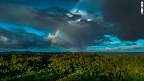 A rainbow shines over Jakare village, in the state of Amapa. 