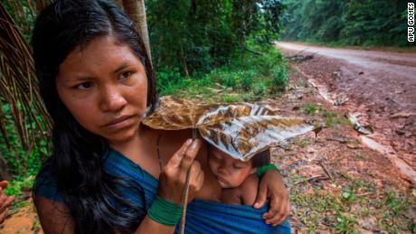 Karuwaniru Waiaipi protects her infant son from the rain with a leaf, as she walks by the BR-210 Perimetral Norte highway near the village of Aramira. 