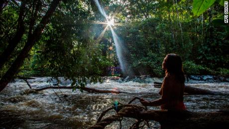 Chief Ajareaty Waiapi stands by the Rio Onca river looking out into the forest. 