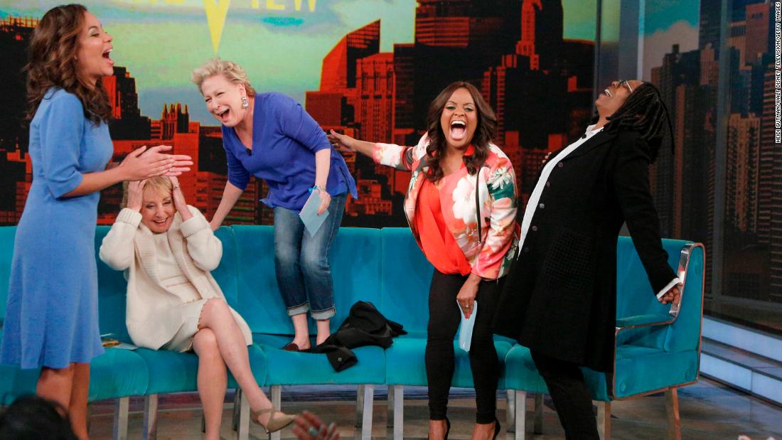 Hosts of &quot;The View&quot; laugh it up during an episode in 2014. From left are guest co-host Sunny Hostin, Walters, guest Bette Midler, Sherri Shepherd and Whoopi Goldberg.