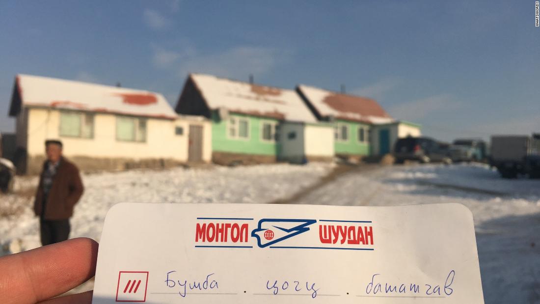 A 3-word address shown on a letter in Mongolia. The country&#39;s national postal delivery service, Mongol Post, has adopted what3words&#39; system in its operations.