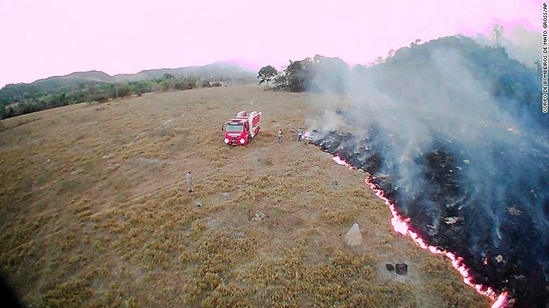 Brush fires burn in the Brazilian state of Mato Grosso on August 20.