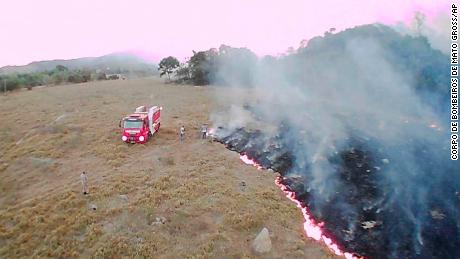 In this Aug. 20, 2019 drone photo released by the Corpo de Bombeiros de Mato Grosso, brush fires burn in Guaranta do Norte municipality, Mato Grosso state, Brazil. Brazil's National Institute for Space Research, a federal agency monitoring deforestation and wildfires, said the country has seen a record number of wildfires this year. (Corpo de Bombeiros de Mato Grosso via AP)