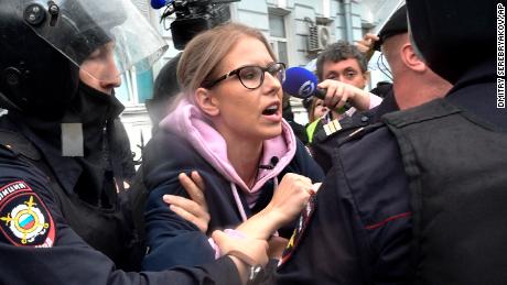 Lyubov Sobol is detained at an August 3 protest in Moscow.
