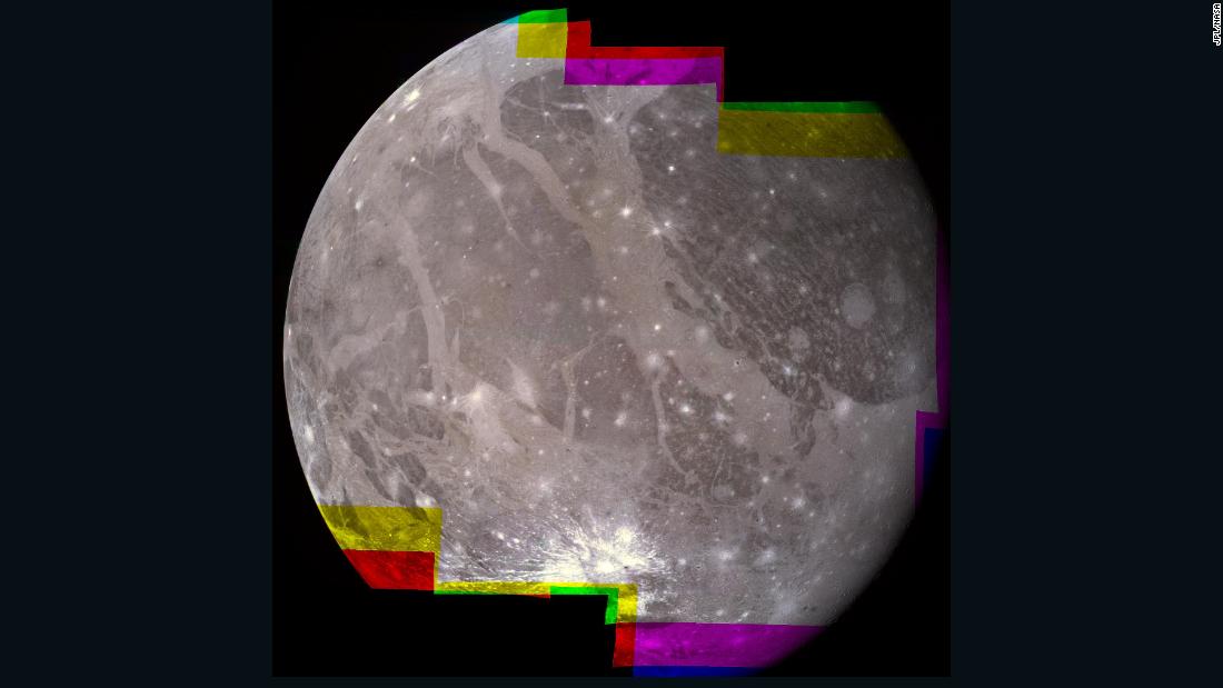 The hemisphere of Ganymede that faces away from the Sun displays a great variety of terrain in this mosaic from NASA&#39;s Voyager 2.