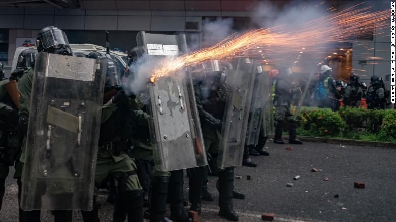 Riot police fire tear gas at protesters during a clash at an anti-government rally in Tsuen Wan district on August 25, 2019 in Hong Kong.