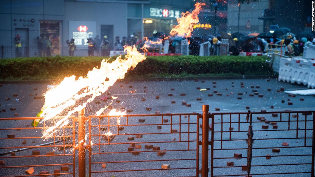 A Molotov cocktail is thrown by protesters in August. 