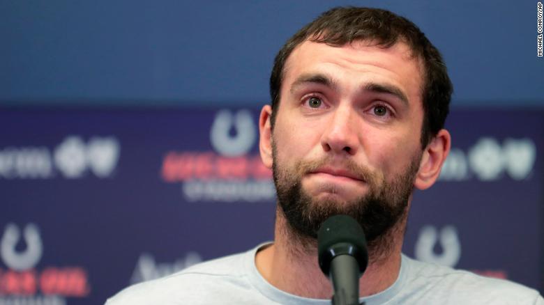 Indianapolis Colts quarterback Andrew Luck speaks during a news conference following the team&#39;s NFL preseason football game against the Chicago Bears, Saturday, Aug. 24, 2019, in Indianapolis. The oft-injured star is retiring at age 29. (AP Photo/Michael Conroy)