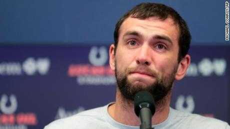 Indianapolis Colts quarterback Andrew Luck speaks during a news conference following the team&#39;s NFL preseason football game against the Chicago Bears, Saturday, Aug. 24, 2019, in Indianapolis. The oft-injured star is retiring at age 29. (AP Photo/Michael Conroy)