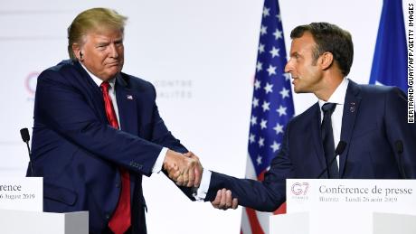 Macron and then-President Donald Trump at a joint press conference in Biarritz, France on August 26, 2019.