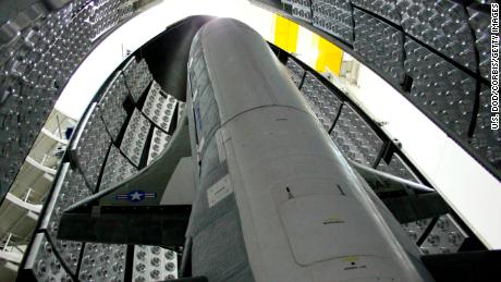 The X-37B Orbital Test Vehicle in the encapsulation cell at the Astrotech facility in April 2010, in Titusville, Fla. Air Force officials are scheduled to launch the X-37B April 21, 2010, at Cape Canaveral Air Station, Fla. The X-37B is the U.S.&#39;s newest and most advanced unmanned re-entry spacecraft. (Courtesy photo) (Photo by DoD/Corbis via Getty Images)