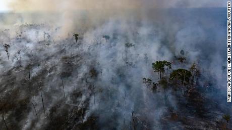 An aerial view of a forest fire of the Amazon taken with a drone is seen from an indigenous territory in the state of Mato Grosso, Brazil, in August 2019.