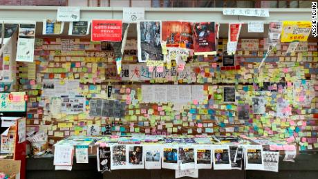 A &quot;Lennon wall&quot; at Hong Kong University shows protest messages, art, and posters.