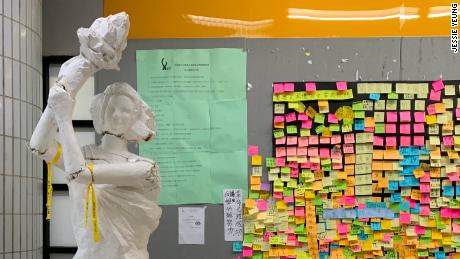 A statue of the Goddess of Democracy at Hong Kong&#39;s City University was pushed over and broken in July 2019 as the protests raged on. The statue has been pieced back together.