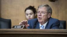 In this June 19, 2019 photo, Senator Johnny Isakson, a Republican from Georgia, questions Kelly Craft, U.S. ambassador to the United Nations nominee for President Donald Trump, during a Senate Foreign Relations confirmation hearing in Washington, D.C.