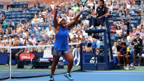 Townsend celebrates her victory over Halep, her first over a top-10 player.