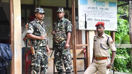 In this photo taken on August 28, 2019, security personnel stand guard at a National Register of Citizens (NRC) office ahead of the release of the register&#39;s final draft in Guwahati, the capital city of India&#39;s northeastern state of Assam.
