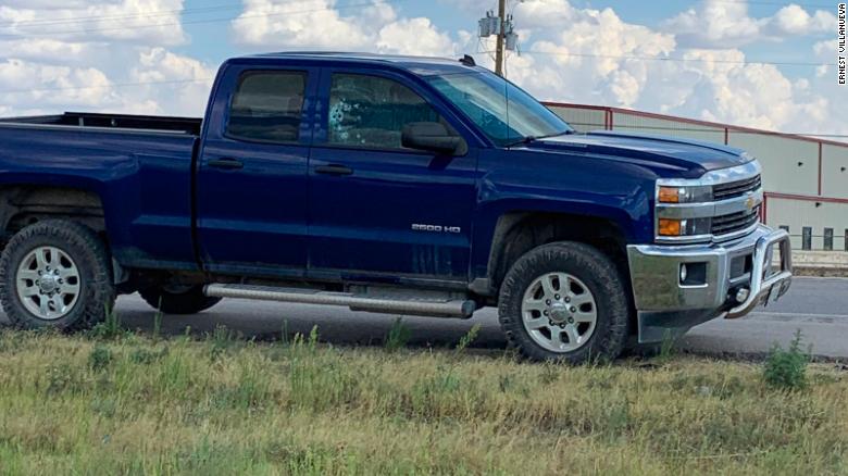 The shooter fired into several vehicles, including this truck off I-20 between Odessa and Midland, Texas.