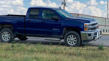 The shooter fired into several vehicles, including this truck off I-20 between Odessa and Midland, Texas.