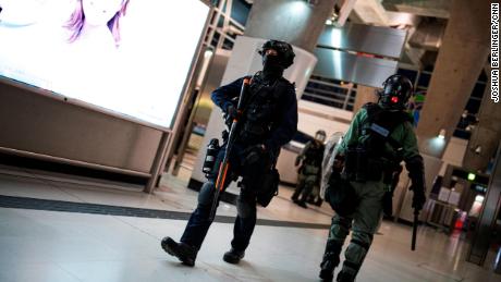 An officer walks in the Tung Chung subway station on September 1.