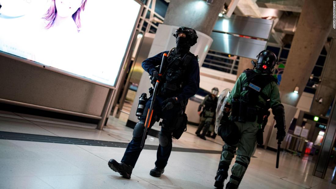 An officer walks in the Tung Chung subway station on September 1.