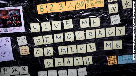 Sticky notes are seen on a &quot;Lennon Wall&quot; at an anti-government student rally on August 22, 2019, in Hong Kong.