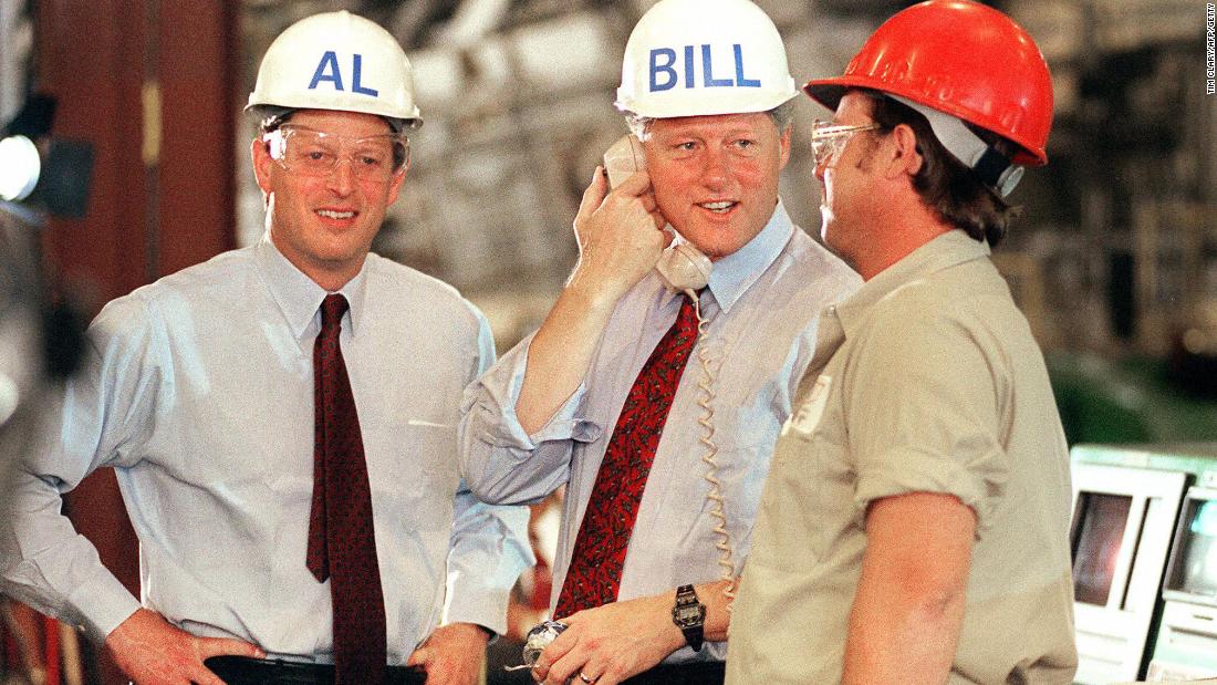 Clinton and his running mate, US Sen. Al Gore, tour a factory in Davenport, Iowa, in 1992.